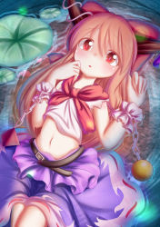 Rule 34 | 1girl, :o, absurdres, belt, bow, cuffs, dior-zi, hair bow, hand on own face, highres, horns, ibuki suika, legs together, lily pad, long hair, looking at viewer, lying, midriff, navel, on back, orange hair, partially submerged, pyramid (geometry), red eyes, ribbon, shackles, shirt, skirt, sleeveless, sleeveless shirt, solo, orb, touhou, very long hair, wrist cuffs