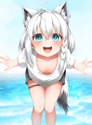 Rule 34 | 1girl, absurdres, ahoge, animal ear fluff, animal ears, black shorts, blush, braid, breasts, collarbone, commentary request, day, downblouse, earrings, extra ears, fox ears, fox girl, fox tail, green eyes, hair between eyes, highres, hololive, jewelry, leaning forward, long hair, looking at viewer, ocean, open mouth, outdoors, pepushi drow, shirakami fubuki, shirt, short shorts, short sleeves, shorts, sidelocks, single braid, small breasts, smile, solo, tail, thigh strap, virtual youtuber, wading, white hair, white shirt