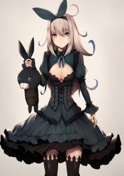Rule 34 | 1girl, bad id, bad pixiv id, black dress, black thighhighs, blonde hair, blue eyes, bow, breasts, cleavage, closed mouth, commentary request, corset, cowboy shot, dress, frills, gothic lolita, grabbing another&#039;s ear, grabbing another's ear, hair between eyes, hair bow, hairband, highres, holding, holding by the ears, juliet sleeves, lolita fashion, long hair, long sleeves, looking at viewer, medium breasts, original, puffy sleeves, revision, rope, skinny, smile, snm (sunimi), solo, standing, stuffed animal, stuffed rabbit, stuffed toy, thighhighs