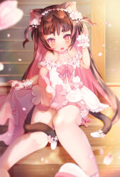 Rule 34 | 1girl, animal ears, bare shoulders, blush, brown hair, cat ears, cat girl, cat tail, cherry blossoms, dress, flat chest, hair ornament, highres, iwaibeni83, long hair, looking down, multicolored hair, multiple tails, nekoyama nae, off-shoulder dress, off shoulder, open mouth, petals, tail, toranoana, two-tone hair, two tails, virtual youtuber