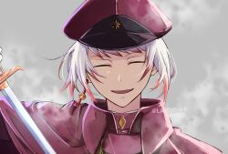 Rule 34 | 1boy, bell, bell earrings, bungou stray dogs, cape, closed eyes, collared jacket, earrings, grey background, hand up, hat, holding, holding sword, holding weapon, jacket, jewelry, jouno saigiku (bungou stray dogs), male focus, military hat, military uniform, mokeo0315, multicolored hair, open mouth, portrait, red cape, red hair, red hat, red jacket, short hair, single earring, smile, solo, sword, tassel, tassel earrings, twitter username, two-tone hair, uniform, weapon, white hair