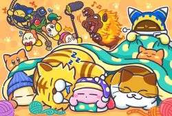 Rule 34 | = =, beanie, blanket, blue hat, bow, bowtie, burning leo, cat day, commentary request, copy ability, drooling, fangs, fire lion, flying sweatdrops, furoshiki, galbel, hat, headphones, kirby, kirby (series), lion, magolor, mouth hold, musical note, nago (kirby), nintendo, no humans, official art, orange background, paw print, red neckwear, rope, scarfy, sleep kirby, sleeping, tac (kirby), theft, tiger, waddle dee, yarn, yarn ball