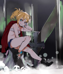 Rule 34 | 1girl, black footwear, blonde hair, blue eyes, boots, fate/apocrypha, fate (series), grin, jacket, jacket on shoulders, looking at viewer, mordred (fate), mordred (fate/apocrypha), mordred (memories at trifas) (fate), nesume, ponytail, shorts, sitting, sketch, smile, solo, sports bra
