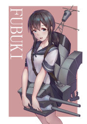 Rule 34 | 1girl, absurdres, blue eyes, brown hair, character name, fubuki (kancolle), highres, holding, holding turret, kantai collection, long hair, looking at viewer, pink background, rigging, school uniform, serafuku, short sleeves, sidelocks, simple background, solo, standing, tengyuan pa pa zi, turret