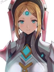 Rule 34 | 1girl, agate (xenoblade), blonde hair, blue eyes, chest jewel, hat, highres, simple background, smile, solo, white background, xenoblade chronicles (series), xenoblade chronicles 2, yamamori kinako