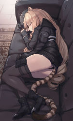Rule 34 | animal ears, arknights, bee (deadflow), black jacket, boots, brown hair, closed eyes, couch, hat, highres, jacket, jacket on shoulders, long hair, on couch, pouch, rug, sleeping, swire (arknights), tail, tail ornament, tail ring, thighhighs, tiger ears, tiger girl, tiger tail