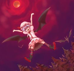 Rule 34 | 1girl, absurdres, artist request, bad id, bad pixiv id, bat (animal), bat wings, black legwear, blouse, blue hair, dress, fang, floating, flying, forest, from below, full body, hands in air, happy, hat, highres, looking at viewer, mob cap, moon, nature, outdoors, pink hat, pink shirt, purple sky, red eyes, red legwear, red moon, remilia scarlet, shirt, sky, striped clothes, striped thighhighs, tagme, thighhighs, touhou, white dress, wings
