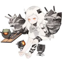 Rule 34 | 1girl, abyssal ship, akira (kadokawa), barefoot, colored skin, dress, enemy aircraft (kancolle), full body, horns, kantai collection, long hair, northern little sister, official art, orange eyes, solo, source request, transparent background, turret, white dress, white hair, white skin