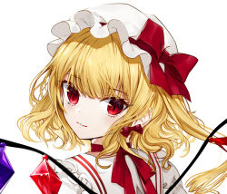 Rule 34 | 1girl, absurdres, blonde hair, bow, choker, commentary request, crystal, daimaou ruaeru, flandre scarlet, frilled shirt collar, frills, from behind, hair between eyes, hat, hat bow, highres, long hair, looking at viewer, looking back, mob cap, one side up, portrait, red bow, red choker, red eyes, red ribbon, ribbon, ribbon choker, simple background, smile, solo, touhou, white background, white hat, wings