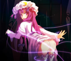 Rule 34 | 1girl, ass, bent over, bloomers, bloomers pull, blush, crescent, female focus, hat, korean text, long hair, looking back, magic, miles (artist), patchouli knowledge, purple eyes, purple hair, pussy juice, renee, robe, solo, string, tears, touhou, underwear, white bloomers