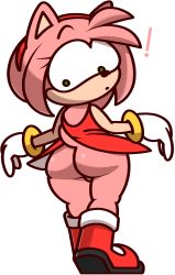 Rule 34 | !, 1girl, amy rose, animal ears, antenna hair, ass, back, bare shoulders, body fur, closed mouth, constricted pupils, dot mouth, dress, female focus, from behind, full body, furry, furry female, gloves, green eyes, hairband, hands up, heel up, highres, looking back, looking down, microdress, no panties, pink fur, pink hair, red dress, red footwear, red hairband, shiny skin, shoes, short hair, sidelocks, simple background, sleeveless, sleeveless dress, solo, sonic (series), standing, surprised, tail, two-tone fur, vilepluff, white background, white gloves