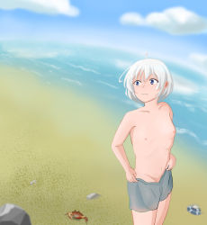 Rule 34 | 1girl, adjusting clothes, adjusting swimsuit, artist request, beach, blue eyes, blue sky, blurry, blurry background, blush, breasts, character request, closed mouth, cloud, copyright request, crab, day, female focus, grey male swimwear, grey swim trunks, highres, male swimwear, male swimwear challenge, nipples, ocean, outdoors, sand, short hair, sky, small breasts, solo, source request, standing, sweat, swim trunks, swimsuit, topless, water, white hair