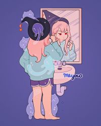 Rule 34 | 1girl, artist name, barefoot, brushing teeth, cat, crescent, different reflection, dolphin shorts, floating, ghost, green shirt, hat, highres, long hair, long sleeves, looking at phone, meyoco, mirror, original, phone, pink hair, purple background, red eyes, reflection, shirt, shorts, simple background, sink, sparkle, star (symbol), toothbrush, witch, witch hat