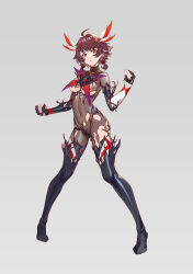 Rule 34 | 1girl, absurdres, ahoge, bodysuit, boots, breasts, brown hair, corruption, covered navel, elbow gloves, fingerless gloves, full body, gloves, grey background, highres, looking at viewer, magical girl, medium breasts, mind control, original, pigeon-toed, red eyes, see-through bodysuit, shen hai ichigo, short hair, skin tight, solo, standing, tearing up, thigh boots, variant set