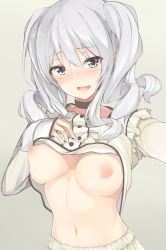 Rule 34 | 1girl, alternate costume, black choker, blue eyes, blush, breasts, breasts out, center frills, choker, clothes lift, frilled shirt, frills, gradient background, grey background, grey shirt, hand on own chest, highres, inushi, kantai collection, kashima (kancolle), lifted by self, long hair, long sleeves, looking at viewer, medium breasts, navel, nipples, no bra, no headwear, nose blush, outstretched arm, perky breasts, raised eyebrows, reaching, reaching towards viewer, selfie, shiny skin, shirt, shirt lift, sleeves past wrists, solo, stomach, twintails, upper body, wavy hair