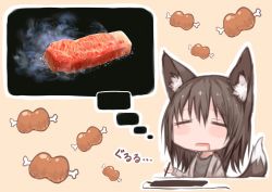 Rule 34 | 1boy, 1girl, animal ear fluff, animal ears, black hair, black shirt, blouse, boned meat, brown background, character request, closed mouth, commentary request, copyright request, dreaming, drooling, facing viewer, food, fox ears, fox tail, grey shirt, hair between eyes, highres, holding, holding stylus, light brown background, meat, mouth drool, open clothes, open mouth, open shirt, shirt, short hair, simple background, solo, steam, stylus, sukemyon, tail, thought bubble, translation request, upper body