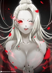 Rule 34 | 1girl, ;p, bare shoulders, black dress, black sclera, blush, breasts, cleavage, cleavage reach, collarbone, colored sclera, colored skin, deep skin, dress, floating hair, forehead, glowing, glowing eye, large breasts, long hair, looking at viewer, lulu-chan92, nail polish, one eye closed, petals, red eyes, ringed eyes, rwby, salem (rwby), solo, strapless, strapless dress, tongue, tongue out, updo, watermark, web address, white hair, white skin