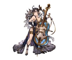 Rule 34 | 10s, 1girl, augusta (granblue fantasy), bare shoulders, black gloves, black hair, breasts, butterfly hair ornament, cello, chair, cleavage, draph, dress, elbow gloves, full body, gloves, granblue fantasy, hair ornament, horns, instrument, large breasts, long hair, looking at viewer, minaba hideo, official art, pointy ears, sleeveless, solo, transparent background, yellow eyes