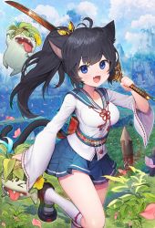 Rule 34 | 1girl, :d, absurdres, animal ears, antenna hair, black footwear, black hair, blade &amp; soul, blue eyes, blue sailor collar, blue skirt, blush, breasts, cat ears, cat girl, cat tail, cloud, collarbone, commentary, commission, day, fang, grass, highres, holding, holding sword, holding weapon, katana, kneehighs, kuang1104, kuang (kzhw7588), long hair, long sleeves, looking at viewer, medium breasts, mole, mole under eye, monster, open mouth, outdoors, petals, pleated skirt, ponytail, ribbon-trimmed sleeves, ribbon trim, sailor collar, shirt, shoes, skirt, sleeves past wrists, smile, socks, solo, standing, standing on one leg, sword, tail, weapon, white shirt, white socks, wide sleeves