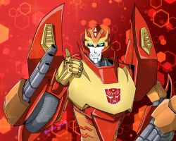 Rule 34 | 1boy, artist request, autobot, bad id, bad pixiv id, blue eyes, highres, insignia, looking at viewer, machinery, male focus, mecha, no humans, personification, red background, robot, rodimus, smile, solo, the transformers (idw), thumbs up, transformers