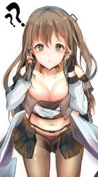 Rule 34 | 1girl, ?, ??, belt, black panties, blush, breasts, brown eyes, brown hair, brown pantyhose, buckle, choker, cleavage, collarbone, commentary, commentary request, cowboy shot, fingerless gloves, girls&#039; frontline, gloves, hair ornament, hairclip, hand in own hair, hands on own face, highres, k2 (girls&#039; frontline), leaning forward, long hair, long sleeves, looking at viewer, medium breasts, miniskirt, navel, one side up, open mouth, panties, pantyhose, septet (zrca janne), side ponytail, sidelocks, simple background, skirt, smile, solo, standing, stomach, strap, thighband pantyhose, underwear, white background