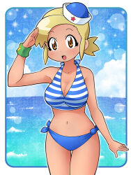 1girl angol_mois bikini blonde_hair brown_eyes dark_skin gyaru hair_ornament hairclip hakkatou keroro_gunsou ocean swimsuit wristband