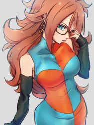 Rule 34 | 1girl, android 21, bell, black-framed eyewear, blue eyes, breasts, checkered clothes, checkered dress, dragon ball, dragon ball fighterz, dress, earrings, glasses, grey background, hair bell, hair ornament, hoop earrings, jewelry, kemachiku, large breasts, long hair, looking at viewer, red hair, simple background, solo