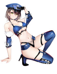 Rule 34 | 1girl, absurdres, arm up, azur lane, baltimore (azur lane), baltimore (finish line flagbearer) (azur lane), bikini, black choker, black gloves, blue bikini, blue thighhighs, breasts, brown hair, choker, collarbone, full body, gloves, grin, hat, high heels, highres, large breasts, leaning back, liwen520, micro shorts, navel, peaked cap, police hat, race queen, short hair, shorts, simple background, single glove, smile, solo, stomach, swimsuit, thighhighs, tiptoes, white background, yellow eyes