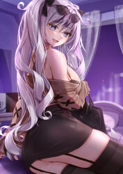 Rule 34 | 1girl, :d, absurdres, ass, azur lane, bag, bare shoulders, black bra, black skirt, black thighhighs, blue eyes, bra, breasts, classic (zildjian33), elbe (azur lane), elbe (pure-hearted bad girl) (azur lane), eyewear on head, fang, from behind, garter straps, grey hair, highres, holding, holding bag, indoors, lace, lace-trimmed bra, lace trim, large breasts, long hair, long sleeves, looking at viewer, looking back, night, on bed, open mouth, sideboob, skin fang, skindentation, skirt, smile, solo, sunglasses, thighhighs, twintails, underwear, upskirt, very long hair, window