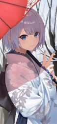 Rule 34 | 1girl, absurdres, black bow, blue eyes, blue nails, bow, floral print, from side, grey hair, hashtag-only commentary, highres, holding, japanese clothes, kaga sumire, kimono, looking at viewer, mito (dncs8244), obi, outdoors, sash, short hair, smile, snow, solo, thick eyelashes, umbrella, v, virtual youtuber, vspo!