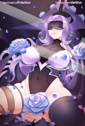 Rule 34 | 1girl, arms behind back, black thighhighs, breasts, cleavage, darklux, flower, halterneck, headgear, large breasts, league of legends, leotard, lips, navel, parted bangs, purple hair, rose, see-through, skindentation, solo, spread legs, syndra, thick thighs, thigh strap, thighhighs, thighs