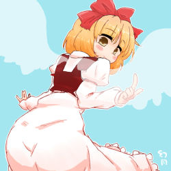 Rule 34 | 1girl, ass, blonde hair, blush, bow, brown vest, dress, frilled dress, frills, gengetsu (touhou), hair bow, looking at viewer, manjyuuya, pink dress, pointing, red bow, short hair, smile, touhou, touhou (pc-98), vest, wings