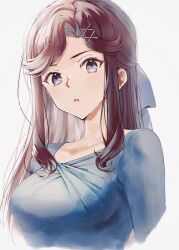 Rule 34 | 1girl, bad id, bad twitter id, blue bow, blue eyes, blue shirt, bow, breasts, brown hair, collarbone, commentary request, cropped arms, cropped torso, grey background, hair bow, hair ornament, half updo, light blush, long hair, looking at viewer, medium breasts, nijiko (c2cs4q), parted bangs, parted lips, shirt, shoujo kageki revue starlight, sidelocks, simple background, solo, tendou maya, upper body, x hair ornament