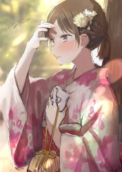 Rule 34 | 1girl, absurdres, arm up, bad id, bad pixiv id, bag, blurry, blurry background, blush, brown eyes, brown flower, brown hair, cellphone, closed mouth, commentary request, day, depth of field, floral print, flower, grey kimono, hair flower, hair ornament, highres, holding, holding phone, japanese clothes, kimono, long sleeves, looking away, original, outdoors, phone, pomu (joynet), ponytail, print kimono, short hair, signature, solo, sweat, tree, upper body, white flower, wide sleeves, yukata