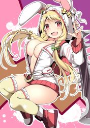 Rule 34 | 1girl, animal hood, blonde hair, blush, bow, breasts, cleavage, fox shadow puppet, hair bow, highres, holding, holding weapon, hood, hood up, jacket, kuromayu, large breasts, long hair, long sleeves, looking at viewer, open mouth, original, partially unzipped, red eyes, shoes, solo, thighhighs, weapon, white jacket