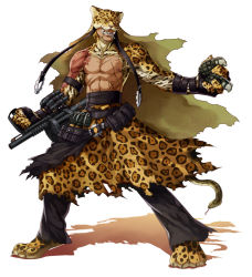 Rule 34 | 1boy, animal print, ars goetia, clenched teeth, explosive, fangs, flauros (mygrimoire), grenade, gun, kyousaku, leopard, leopard print, male focus, mouth hold, mygrimoire, original, pants, scar, topless male, snake, solo, teeth, weapon, white background