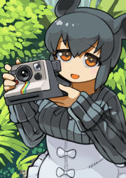 Rule 34 | 1girl, :d, animal ears, black hair, camera, commentary request, day, hair between eyes, high-waist skirt, highres, holding, holding camera, kemono friends, long sleeves, looking at viewer, malayan tapir (kemono friends), open mouth, orange eyes, outdoors, polaroid, ribbed shirt, rinx, shirt, short hair, skirt, smile, solo, tapir ears, white skirt