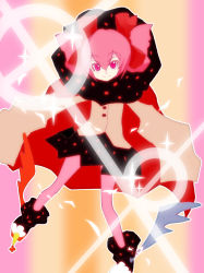 Rule 34 | 10s, 1girl, cape, charlotte (madoka magica), female focus, gradient background, kami9998, mahou shoujo madoka magica, mahou shoujo madoka magica (anime), pantyhose, personification, pink eyes, pink hair, shoes, smile, solo, sparkle, winged footwear, wings