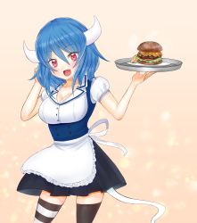 Rule 34 | 1girl, blue hair, blush, breasts, burger, cleavage, cow horns, fang, food, highres, horns, jashin-chan dropkick, large breasts, minos (jashin-chan dropkick), open mouth, red eyes, solo, waitress