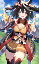 Rule 34 | 1girl, ahoge, amagasa yun, animal ears, black hair, black thighhighs, blue sky, blush, breasts, cleavage, cleavage cutout, clothing cutout, cloud, cloudy sky, commentary, confetti, cowboy shot, day, detached sleeves, dress, floating hair, flower knot, foreshortening, grass, hair between eyes, hair ornament, highres, horse ears, kitasan black (umamusume), kouhaku nawa, looking at viewer, medium breasts, medium hair, miniskirt, open mouth, orange dress, orange skirt, outdoors, outstretched arms, pleated skirt, red eyes, rope, shimenawa, silver hair, skirt, sky, smile, solo, striped, thighhighs, thighs, two side up, umamusume, water drop, wide sleeves, zettai ryouiki
