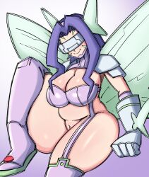 Rule 34 | 1girl, armor, belly, bikini armor, blush, boots, breasts, cleavage, cleft of venus, curvy, diadem, digimon, facing viewer, fairimon, fairy wings, female focus, flying, forehead, garter straps, gauntlets, gradient background, hidden eyes, highres, large breasts, leg up, lips, long hair, plump, purple background, purple hair, pussy, saltyxodium, shiny clothes, shiny skin, shoulder armor, sidelocks, simple background, smile, solo, thick thighs, thighhighs, thighs, wide hips, wings