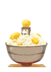 Rule 34 | 10s, 1girl, bad id, bad pixiv id, black eyes, black hair, blush, bowl, chibi, commentary request, food, headband, hinata yuu, kantai collection, mini person, minigirl, object on head, rice, rice bowl, short hair, simple background, solo, taihou (kancolle), white background