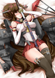 Rule 34 | 10s, 1girl, bare shoulders, blush, breasts, brown eyes, brown hair, brown thighhighs, cannon, flower, hair flower, hair ornament, japanese clothes, kantai collection, katana, large breasts, long hair, lying, mecha musume, miniskirt, personification, ponytail, skirt, smile, solo, sword, tenko (gintenko), thighhighs, turret, very long hair, weapon, yamato (kancolle)