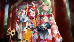 Rule 34 | 4girls, absurdres, animal ears, black hair, braid, brown hair, ceres fauna, ceres fauna (new year), closed mouth, commentary, english commentary, floral print, floral print kimono, from behind, furisode, green hair, hakos baelz, hakos baelz (new year), highres, holocouncil, hololive, hololive english, japanese clothes, kimono, low twin braids, mouse ears, mouse girl, mouse tail, moyomo, multicolored hair, multiple girls, multiple torii, nanashi mumei, nanashi mumei (new year), official alternate hair length, official alternate hairstyle, open mouth, ouro kronii, ouro kronii (new year), red hair, ribbon, sharp teeth, smile, streaked hair, tail, tail ornament, tail ribbon, teeth, torii, twin braids, virtual youtuber, white hair, white kimono