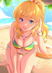 Rule 34 | 1girl, barefoot, beach, bikini, blonde hair, blue eyes, blurry, blurry background, blush, bracelet, breasts, cleavage, collarbone, commentary request, day, front-tie bikini top, front-tie top, hair ornament, halterneck, hand in own hair, highres, idolmaster, idolmaster cinderella girls, idolmaster cinderella girls starlight stage, jewelry, large breasts, long hair, looking at viewer, multicolored bikini, multicolored clothes, namidako, navel, necklace, ocean, ohtsuki yui, open mouth, outdoors, palm tree, ponytail, side-tie bikini bottom, sidelocks, solo, string bikini, striped bikini, striped clothes, swimsuit, tree, wavy hair, wet