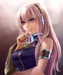 Rule 34 | 1girl, bare shoulders, blue eyes, blue nails, breasts, clenched teeth, detached sleeves, eyelashes, headphones, large breasts, lips, long hair, megurine luka, nail polish, ornate, pink hair, solo, teeth, upper body, vocaloid, yahako