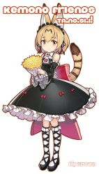 Rule 34 | 10s, 1girl, alternate costume, animal ears, ascot, bare shoulders, black dress, black footwear, blonde hair, blush, bouquet, bow, brown eyes, btraphen, closed mouth, collared dress, copyright name, detached sleeves, dress, english text, flower, frilled sleeves, frilled socks, frills, full body, gothic lolita, hair between eyes, hairband, holding, holding bouquet, japari symbol, japari symbol print, kemono friends, kneehighs, lolita fashion, lolita hairband, looking at viewer, mary janes, outline, pink bow, red bow, serval (kemono friends), serval print, serval tail, shoes, smile, socks, solo, standing, striped tail, tail, white background, wide sleeves, wing collar