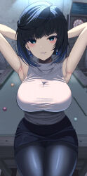 Rule 34 | 1girl, absurdres, aqua eyes, armpits, arms behind head, arms up, azumi (mocha), bare arms, black pantyhose, black skirt, blue hair, blurry, blurry background, blush, bob cut, breasts, casual, curvy, dartboard, diagonal bangs, earrings, genshin impact, grin, highres, index finger raised, indoors, jewelry, large breasts, looking at viewer, mature female, medium hair, pantyhose, pencil skirt, pool table, shiny clothes, single earring, sitting, skirt, sleeveless, sleeveless sweater, sleeveless turtleneck, smile, solo, sweater, sweater tucked in, table, taut sweater, thighband pantyhose, turtleneck, white sweater, yelan (genshin impact)