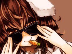 Rule 34 | 1girl, adjusting eyewear, animal ears, brown background, brown hair, rabbit ears, carrot, close-up, dutch angle, female focus, glasses, highres, inaba tewi, jewelry, looking at viewer, looking over eyewear, mister rhino (wangzisama1001), pendant, red eyes, smile, solo, sunglasses, touhou