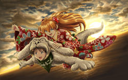 Rule 34 | 1boy, 1girl, :d, amai yadoraki, animal costume, brown hair, cloud, cloudy sky, cosplay request, floating hair, floral print, flying, grey eyes, hair ornament, happy, highres, ikari shinji, japanese clothes, kimono, long hair, long sleeves, neon genesis evangelion, neverending story, ocean, open mouth, outdoors, outstretched arm, outstretched arms, parody, print kimono, red kimono, short hair, sky, smile, souryuu asuka langley, sunset, twintails, very long hair, what, yukata